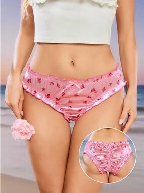 New elegant Pink Floral Satin Ruffle Ruched Back Panties Size Large knickers